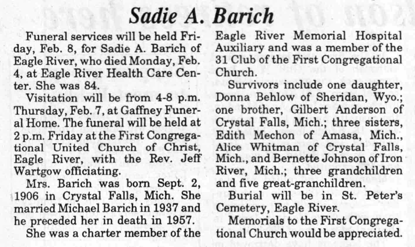 Three Lakes Genealogical Society Obituaries 1991